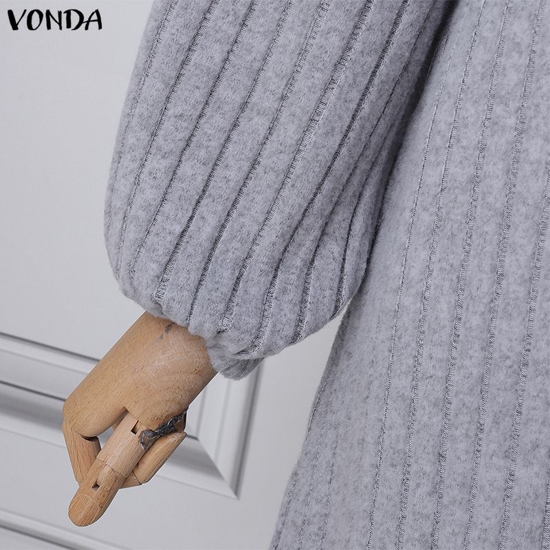VONDA Abito Maxi Svasato Casual Base in Maglia a Coste con Scollo Tondo e Maniche Lunghe da Donna per l'Autunno
