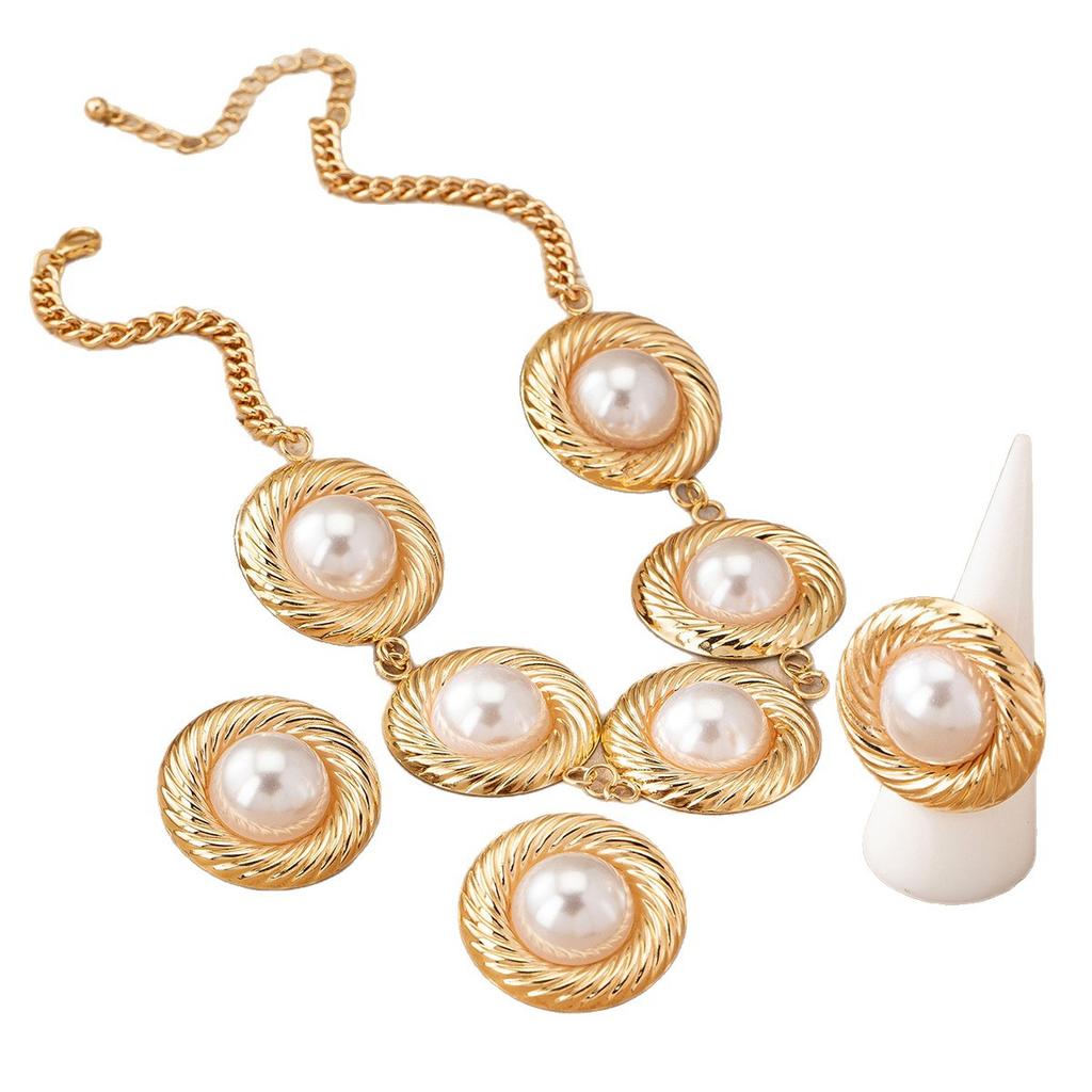 Round Imitation Pearl Pendant Choker Ring Earrings Set Women Chic Party Jewery Accessory