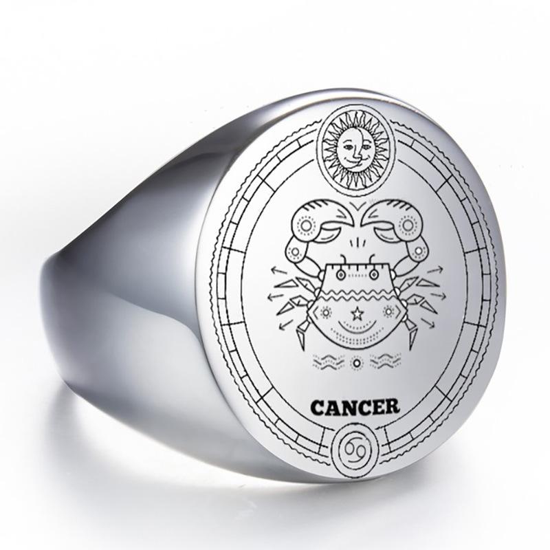 22mm Round Stainless Steel Zodiac Sign Men Ring Retro Fashion Index Finger Ring for Men