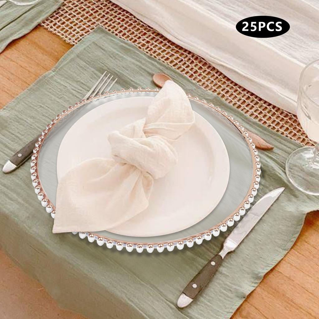 25-Pack Clear & Rose Gold Plastic Charger Plates, 32cm/12.6 Inch Round Dinner Plates, Bulk Elegant PS Hot Stamping Tableware