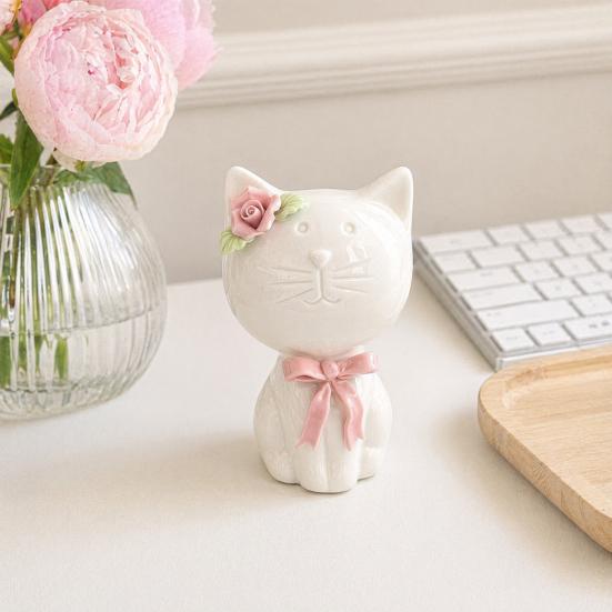 1/2Pcs Ceramic Bow Cat Figurine, Sitting Kitten Statue with Flower Decor, Mini Animal Desktop Ornament for Home Office