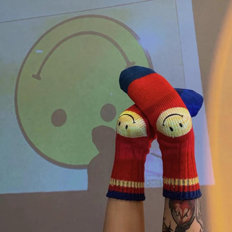 Hirata And Hiroshi Wool Thick Needle Smiley Face Heel Thick Workwear Color-Blocking Striped Mid-Leg Socks Trendy Socks