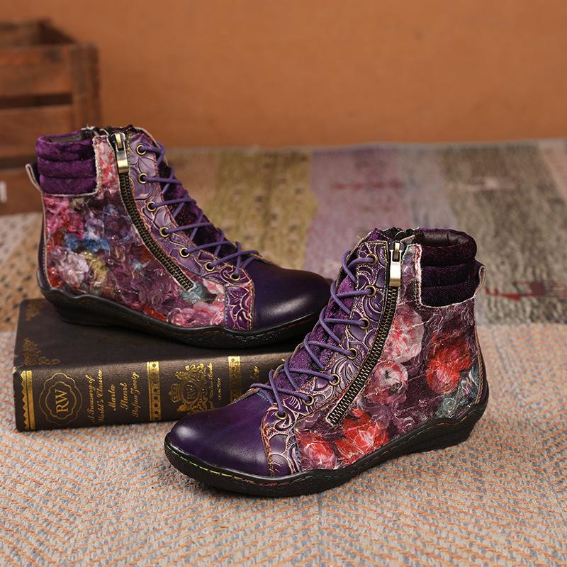 Johnature Retro Oil Painting Women's Boots Handmade Ethnic Flower Lace Up Comfortable Flat Leather Short Boots