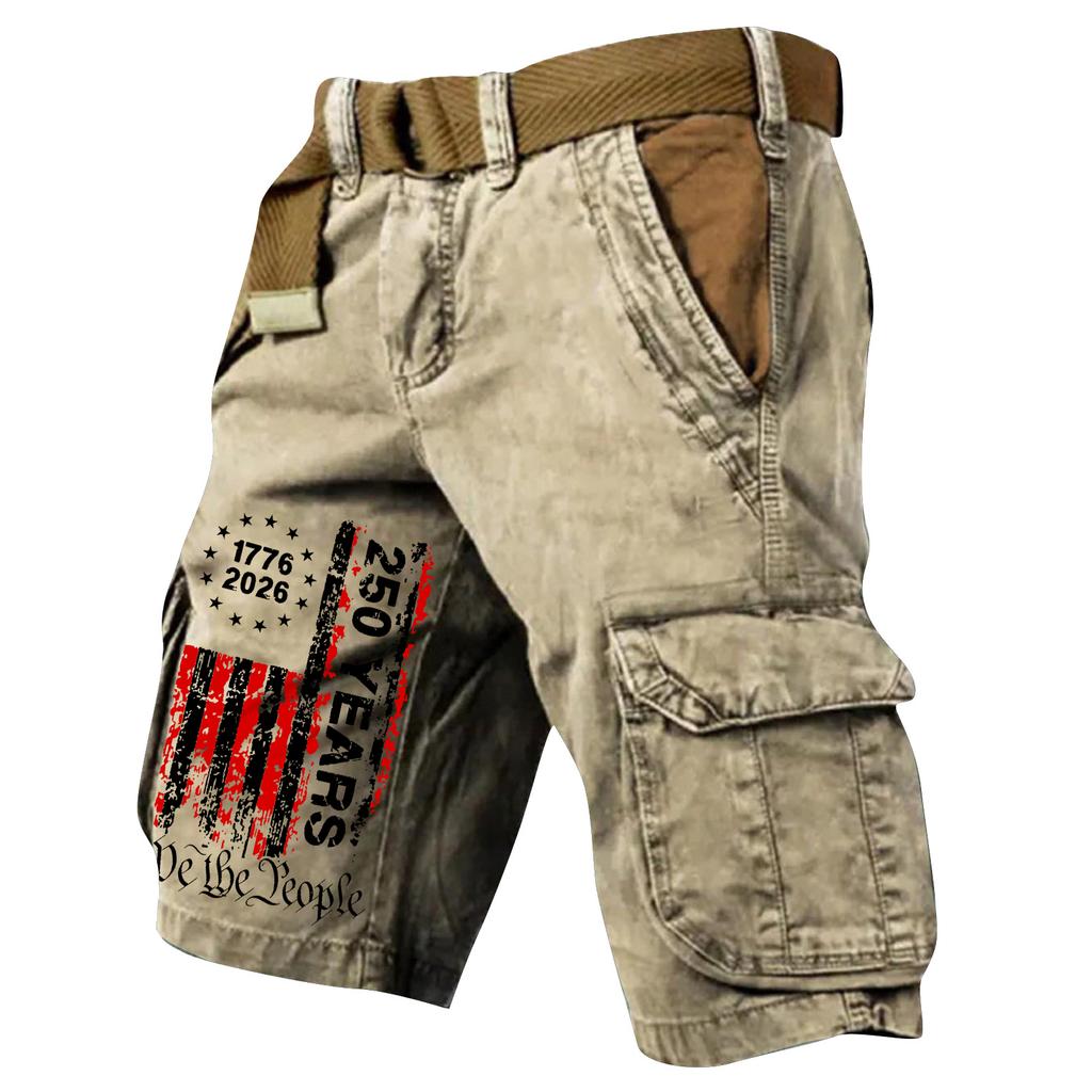 Pantaloncini Cargo Casual da Uomo con Cintura Multi Tasche Cotone Vestibilità Larga Stile Bandiera Stampata per Lavoro all'Aperto Viaggio