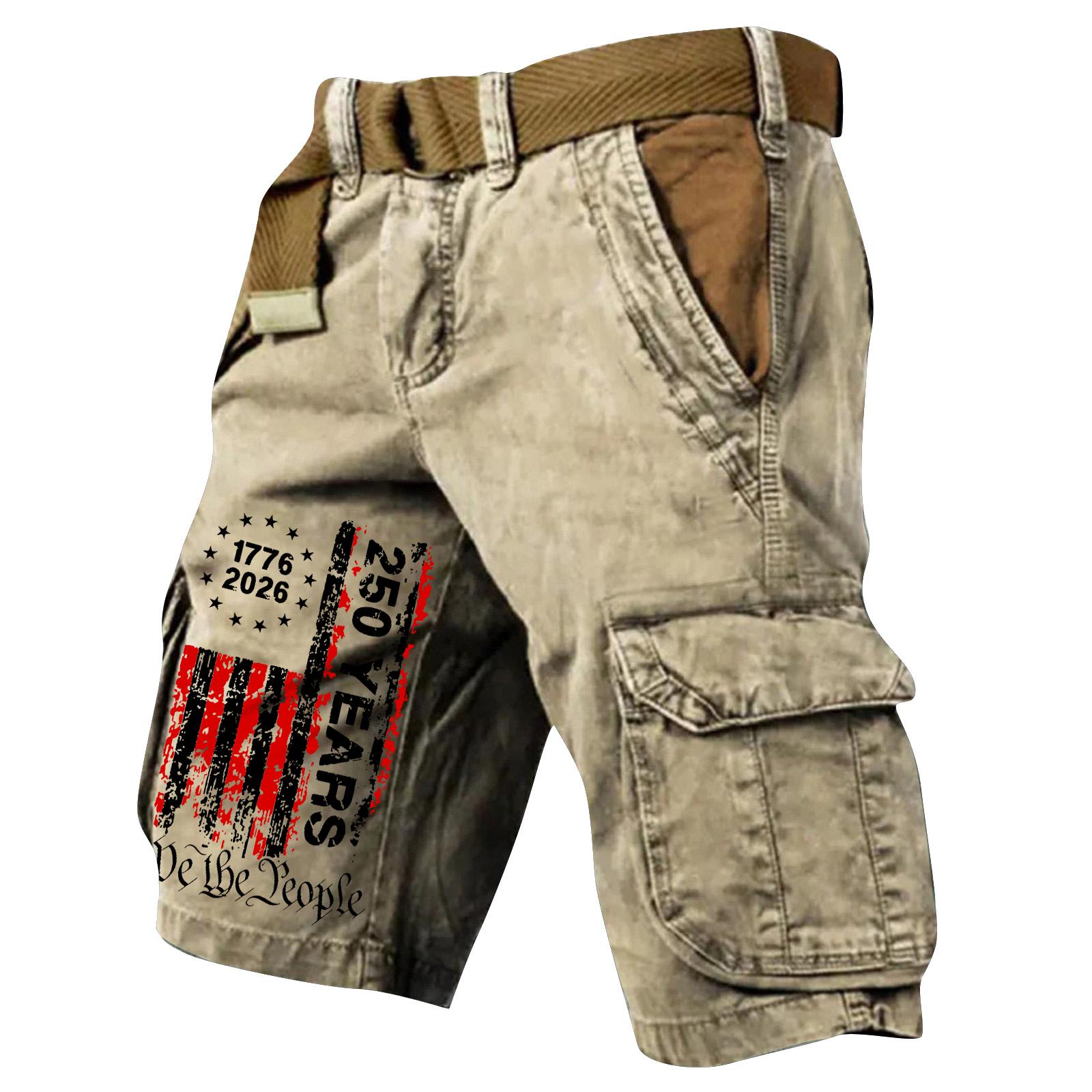 Herren Freizeit Cargo Shorts mit Gürtel Mehrere Taschen Baumwolle Lockerer Schnitt Gedruckt Flaggen-Stil für Outdoor Arbeit Reisen M khaki