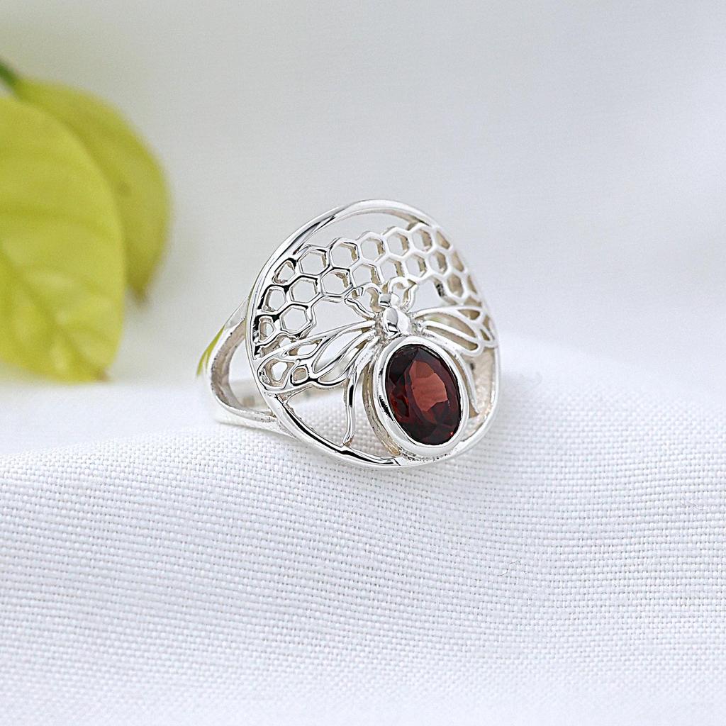 Honey Bee Garnet Silver Ring 925 Sterling Silver Jewelry Handmade Ring