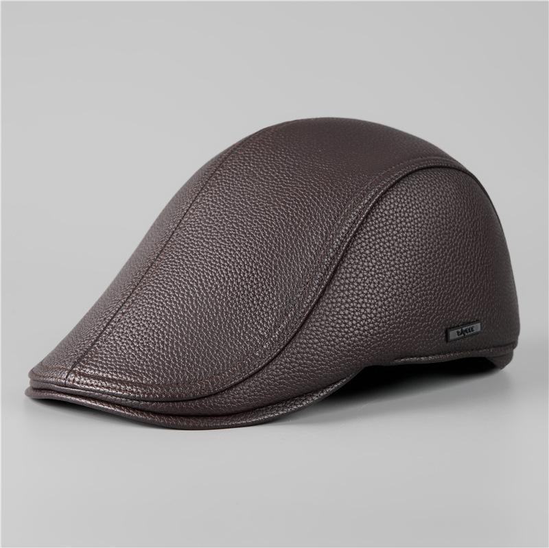

Кожаная шляпа мужская новая кепка осень и зима теплая защита ушей шляпа с козырьком M（56-58cm） темно-коричневого