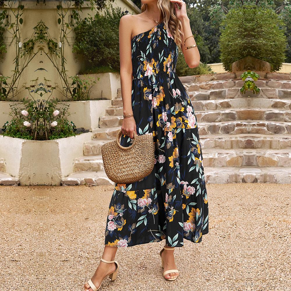 Dámské letní elegantní květinové šaty se zkosenými rameny s vysokým pasem