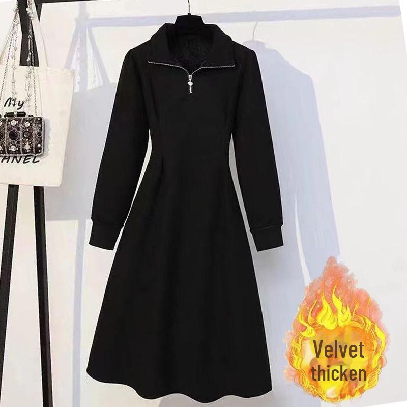 Dámské nadměrné pletené šaty na zip v korejském stylu - Hrubý samet, Jednobarevné, Ležérní podzimní/zimní dlouhá sukně