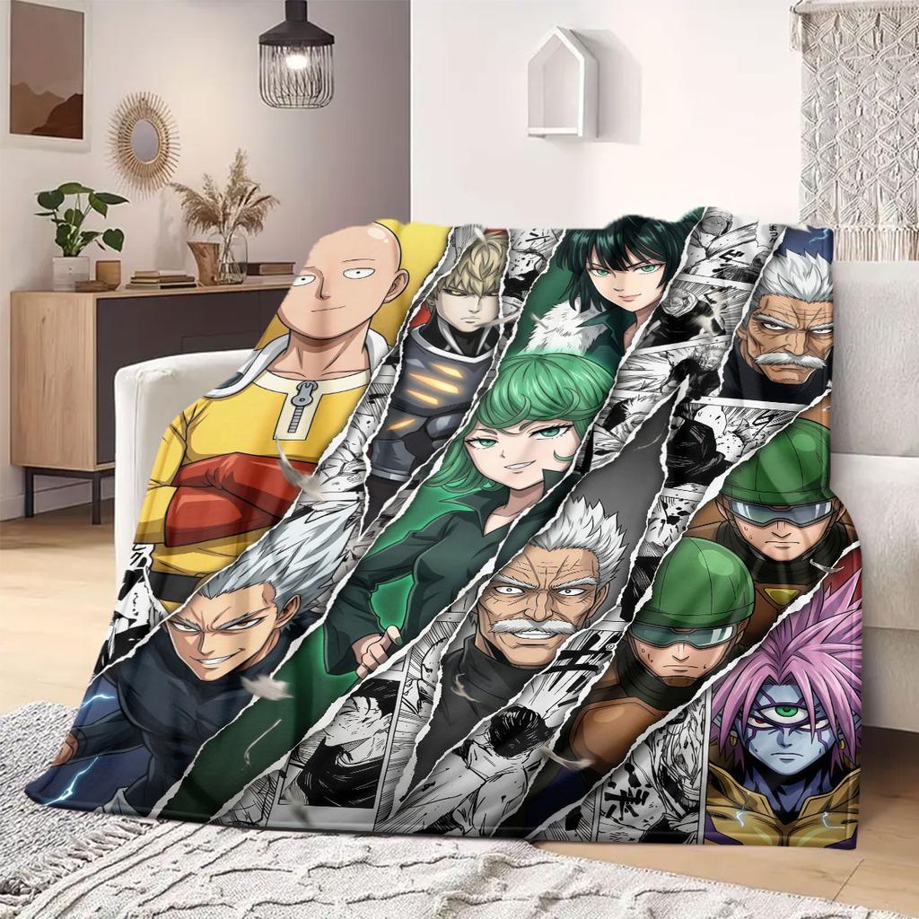 One Punch Man Home Textile Flannel Blanket, Printed Cartoon Style for Couch and Bed, Warm Comfortable Travel Throw_LIAN