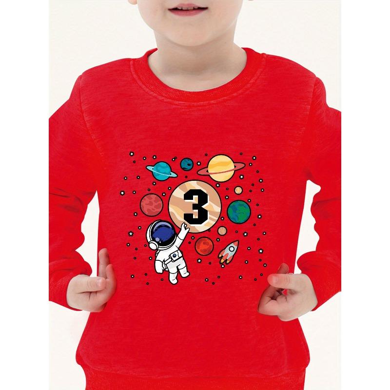 European sizes Kids' 3 Birthday Planet Style Astronaut Print Pattern Fleece Warm Top Fashion Print Pattern Wear Casual Long Sleeve