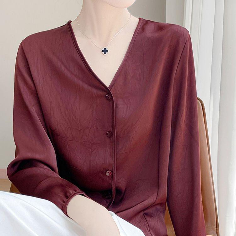 Women's Luxury Satin Blouse Long Sleeve Loose V-Neck Shirt Spring and Summer