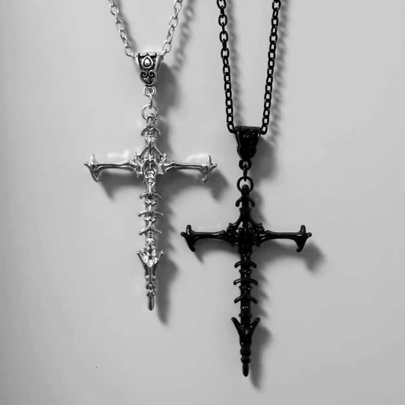 Personality Cross Pendant Necklace Skeleton Cross Choker Jewelry Dark Style Men Women Gift for Halloween Cosplay Accessories