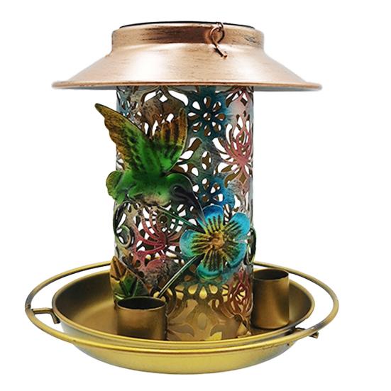 Bird Feeder with Light Hollow Pattern Design Solar Powered Hummingbird Food Holder Lantern Light Garden Decoration