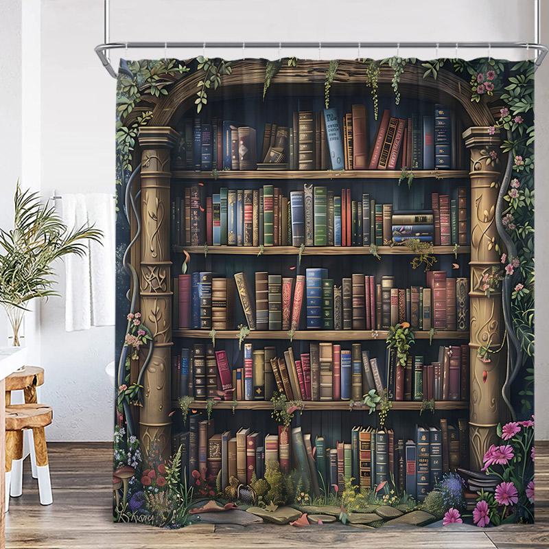 Vintage Bookshelf Shower Curtain Retro Book Green Plant Leaves Modern Fabric Home Wall Hanging Bathroom Curtain Decor with Hooks