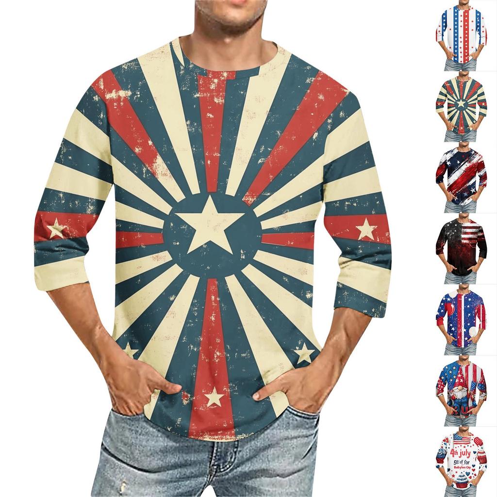 Men's Independence Day Printed Round Neck 3/4 Sleeve Top T-Shirt