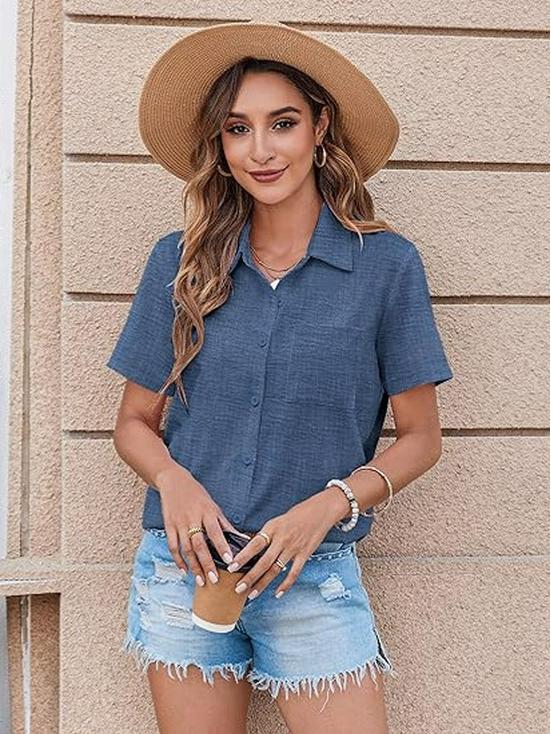 2026 Spring/Summer Retro Slim Solid Color Lapel Short Sleeve Women's Shirt