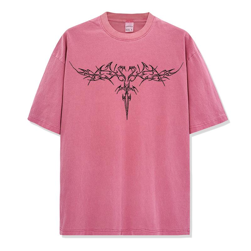 Loose Fit Washed Pure Cotton T-Shirt with Chest Tattoo Print