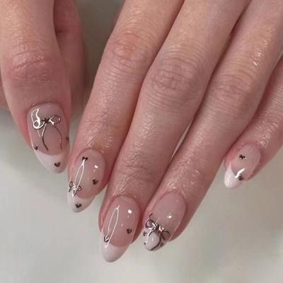 French False Nails Bow Tie Pearl Nail Tips Manicure Press On Nails  Women