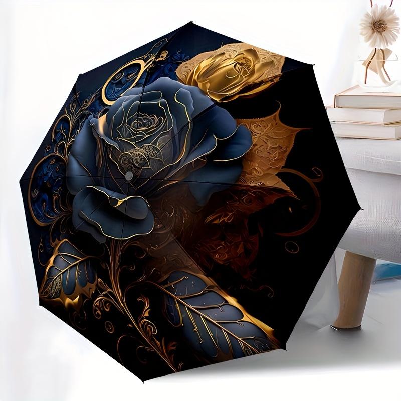 Luxury Navy Blue & Golden Automatic Open/Close Umbrella - 8-Rib Windproof Compact Folding Umbrella with Self-Opening Mechanism