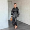 2025 Cross-border European and American Autumn New Lapel Temperament Leather Jacket Waist Long Sleeve Hip Skirt Cardigan Women's Clothing