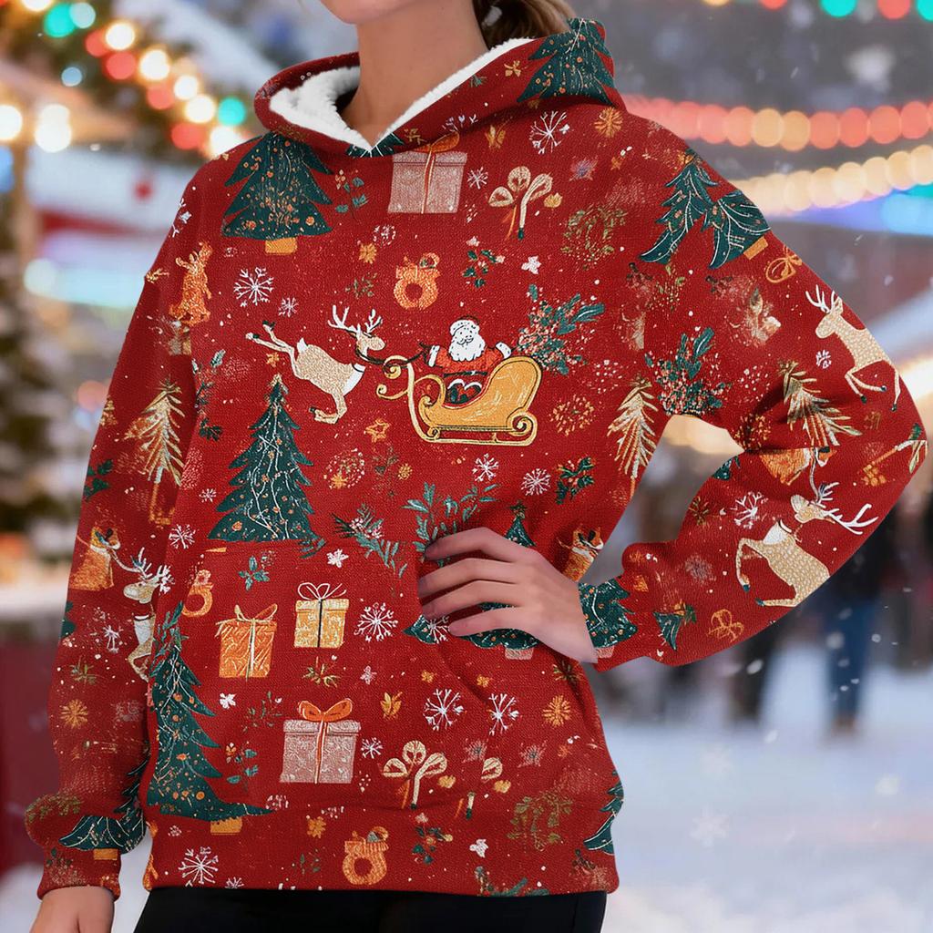 Women's Fashionable Casual Long-Sleeved Christmas Print Fleece-Lined Thick Hooded Sweatshirt