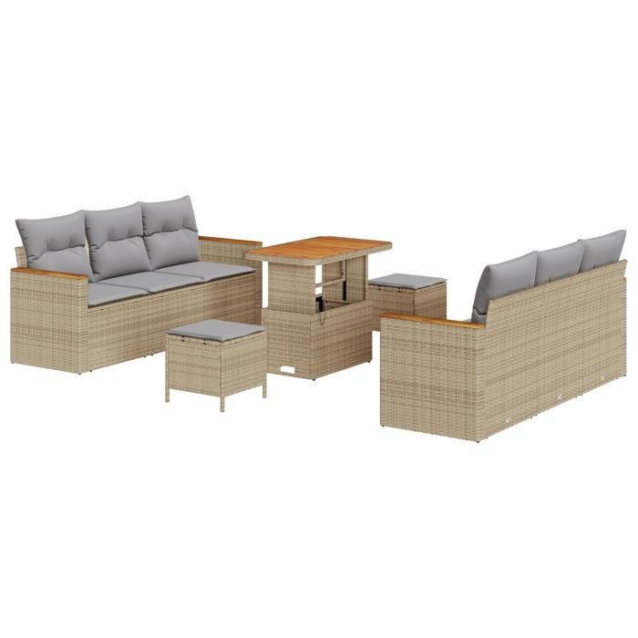 Set de canapé de jardin 9 pièces avec coussins beige poly rattan acacia, Set de salle à manger de jardin 3 pièces 3363002