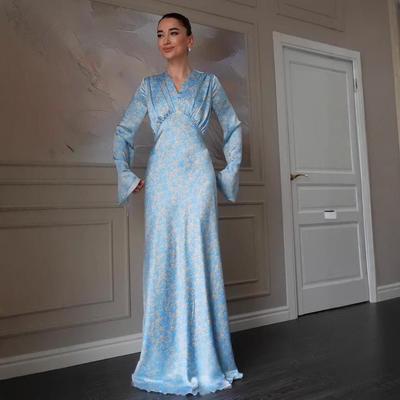 2025 Spring V-Neck Floral Waist-Cinching Long Dress for Women