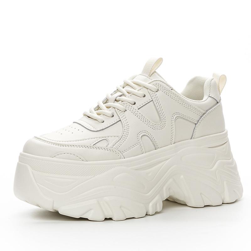 White Chunky Platform Sneakers Ultra Thick Sole Height Increasing Casual Shoes Lace Up Lightweight Non Slip For Daily School