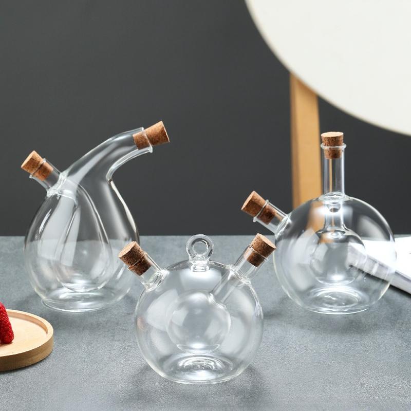 2-in-1 Olivenöl-Essig-Spender 50+300ml Karaffe mit Korkverschlüssen Doppelter Ausgießer für Küchenkochbehälter