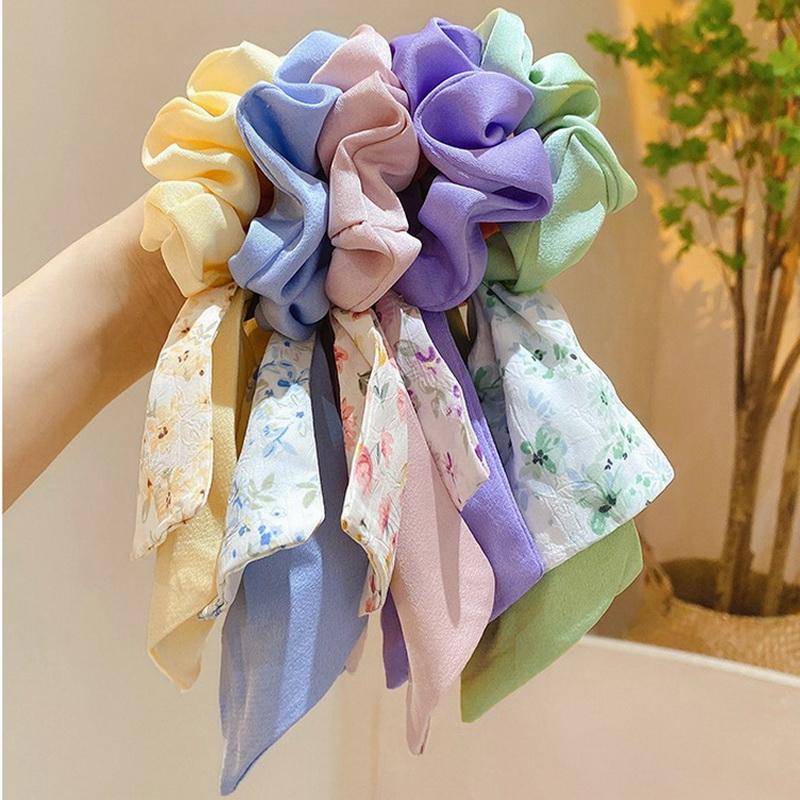 Korea Blumen Schleife Scrunchies für Frauen Satin Langes Band Pferdeschwanz Schal Mädchen Haargummis Druck Elastische Haarbänder Accessoires