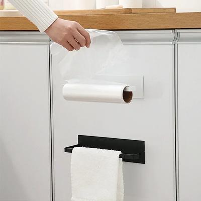Kitchen Carbon Steel Paper Towel Holder No Punch Cabinet Paper Shelf Household Roll Paper Hanger Plastic Wrap Rag Storage Rack