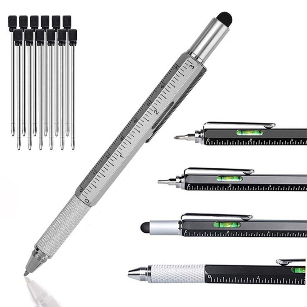6 in 1 Multifunctional Pen Touch Screen Stylus Capacitive Pen with Screwdriver Ruler Levelgauge Refillable Ballpoint Pencil Tool