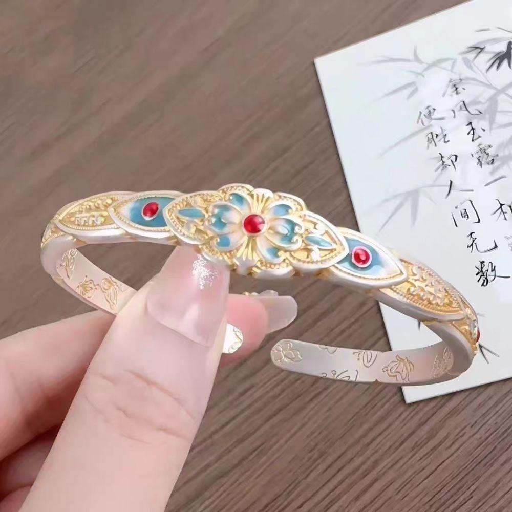 Flower Enamel Lotus Hand Bangle Hand Jewelry Retro Opening Hand Ring  Student