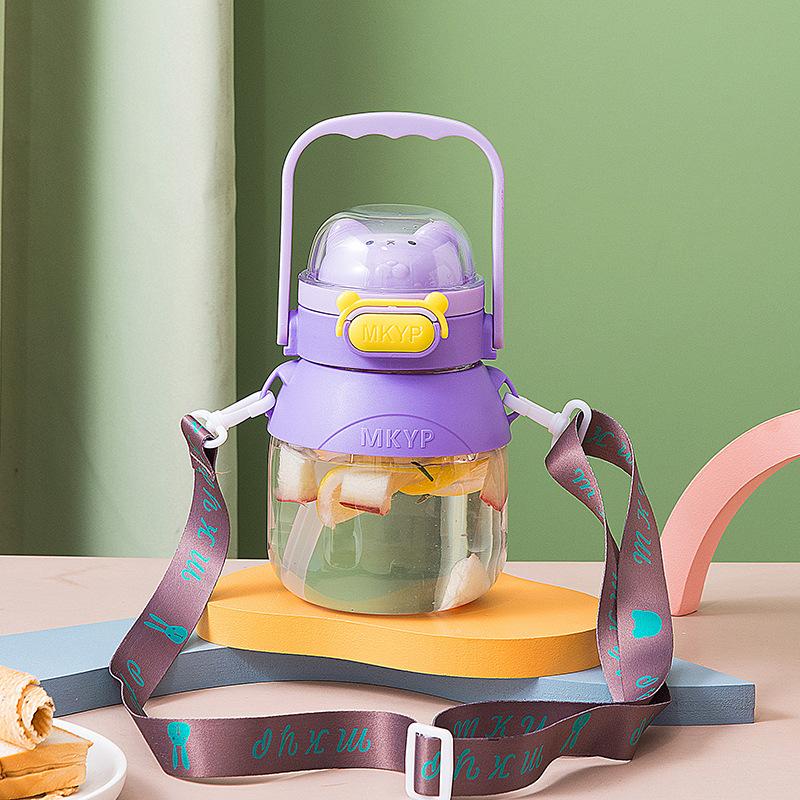 Girls Spacious Space Bear Big Belly Cup Plastic Cup Fitness Athletic Crossbody Water Cup with Straw Mobile Cell Phone Holder