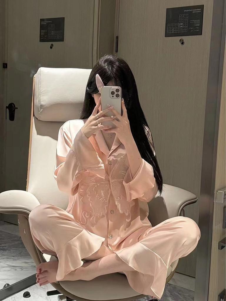 Sexy pajamas women's ice silk butterfly long-sleeved trousers, new models can be worn outside, solid color silk loungewear