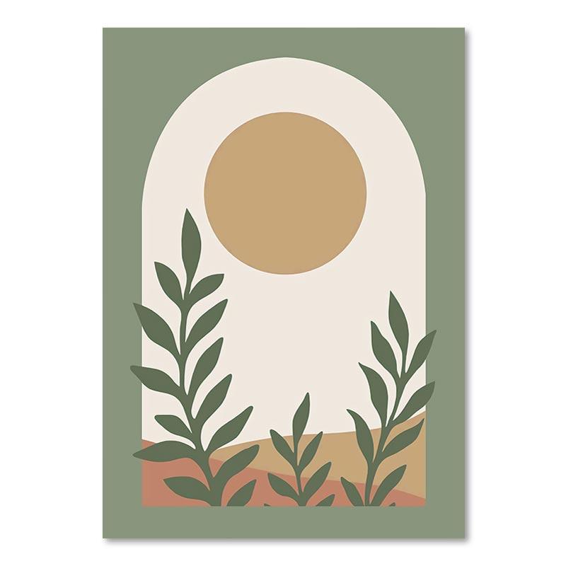 Abstract Boho Landscape Posters Sun Leaves Canvas Painting Geometric Lines Plant Wall Art Pictures For Living Room Home Decor