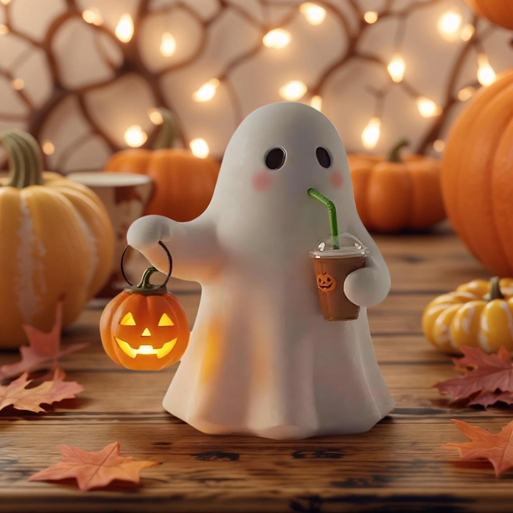 Nightstand Lamp Ghost Sculpture Statue Holding Pumpkin Drinking Ambient Lighting for Home Bookshelf Tabletop