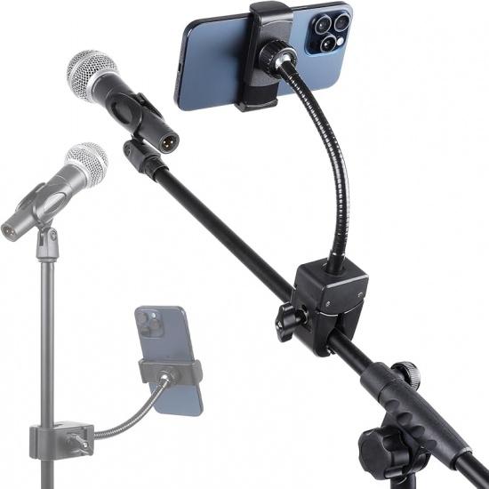 Mic Stand Phone Holder, Flexible Phone Mount with 7.9  Removable Gooseneck for Microphone Music Stand, 360°Adjustable Phone Holder for iPhone 16 Pro Clip Mount