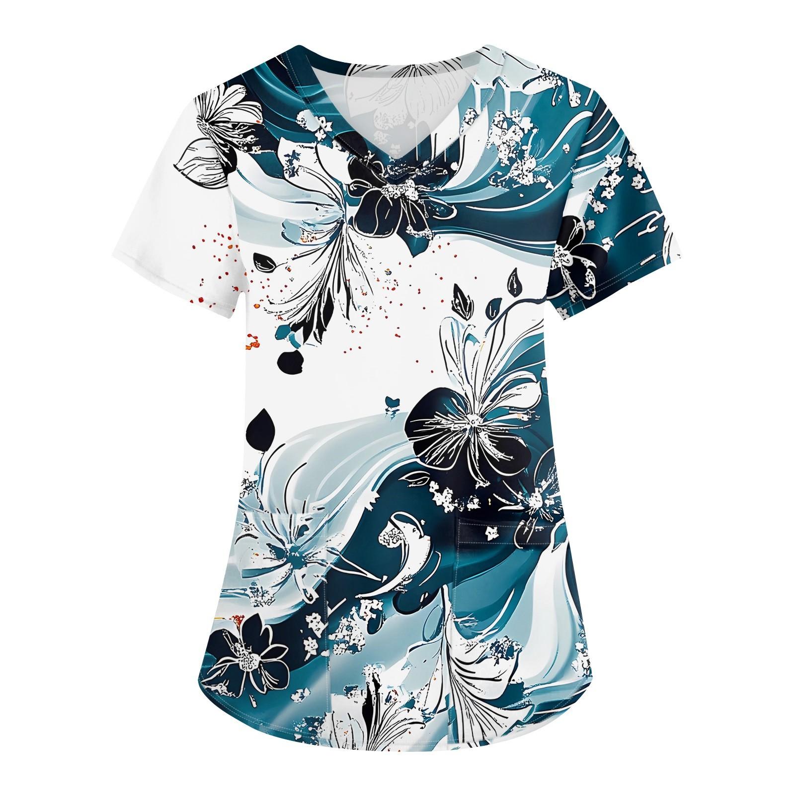 

Женская мода с v-образным вырезом, короткими рукавами и карманами, топы с принтом XXXL тёмно-синий