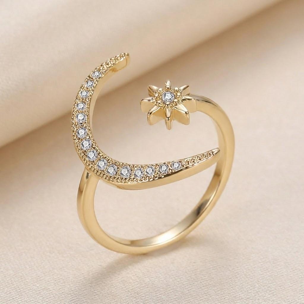 Crescent Moon Star Diamond Crystal Open Rings for Women Bridal Wedding Engagement Fashion Jewelry
