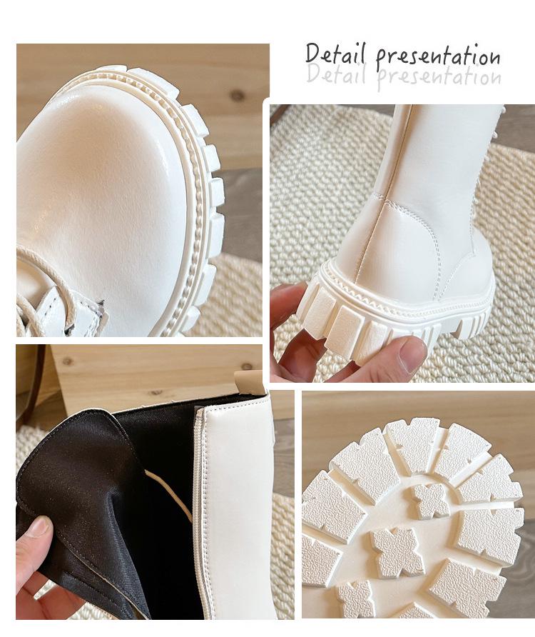 Stivali alti in pelle antiscivolo per bambini con cerniere laterali, Primavera/Autunno, Resistenti all'usura, Dr. Ispirate a Martens, Disponibili in Bianco Sporco e Nero.