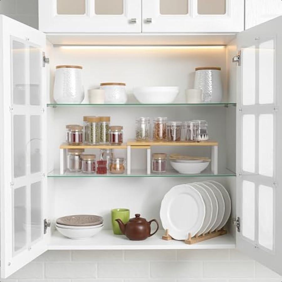 

Бамбуковый органайзер для шкафа, набор из 2 полок, кухонные настольные полки, полка для специй, штабелируемый кухонный органайзер для полок, кладовая, шкаф United States