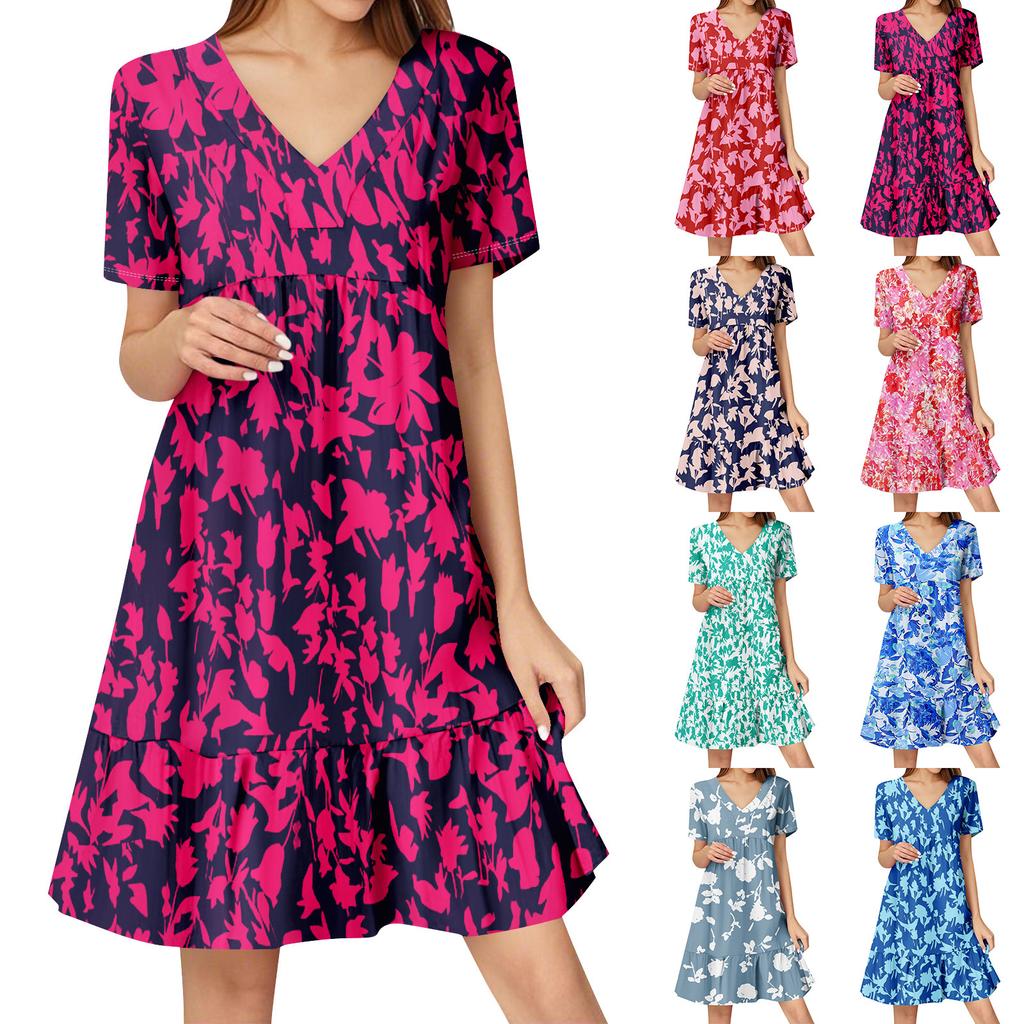 Womens Summer Dress Short Sleeve V Neck Short Dresses Fashion Casual Flowy Boho Ruffle A Line Swing Sundress