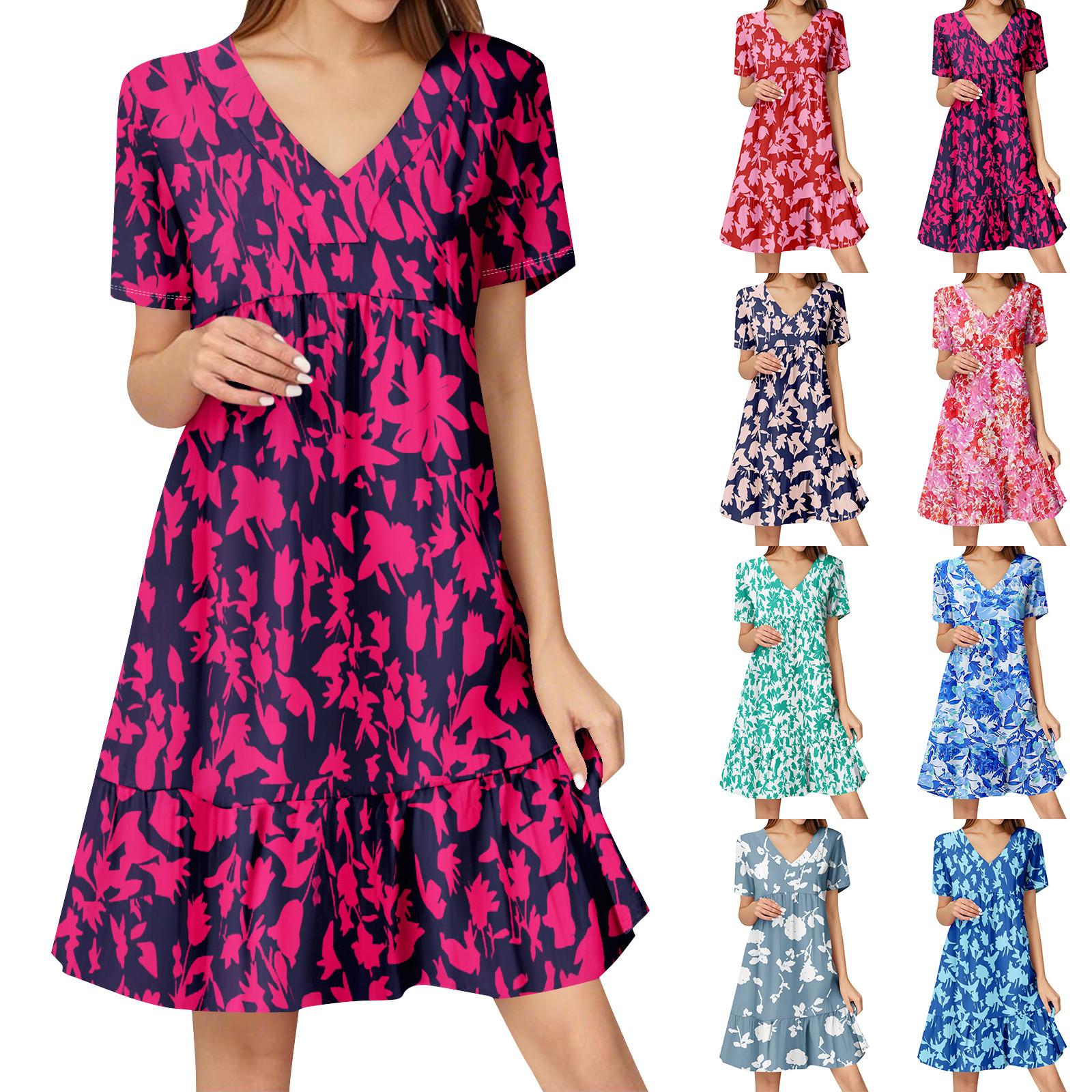 

Womens Summer Dress Short Sleeve V Neck Short Dresses Fashion Casual Flowy Boho Ruffle A Line Swing Sundress S рожевий