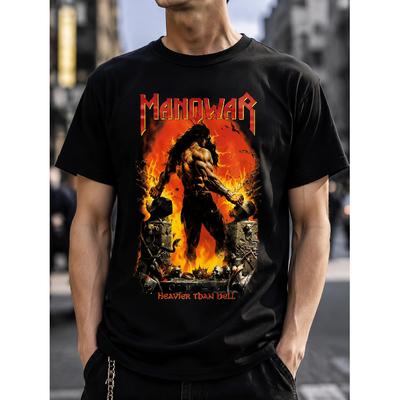 Schwarzes Herren-Heavy-Metal-Grafik-T-Shirt Mit Flammendem Krieger-Print, Kurzärmeliges Baumwoll-Oberteil Mit Rundhalsausschnitt Für Rockkonzerte Und Streetwear