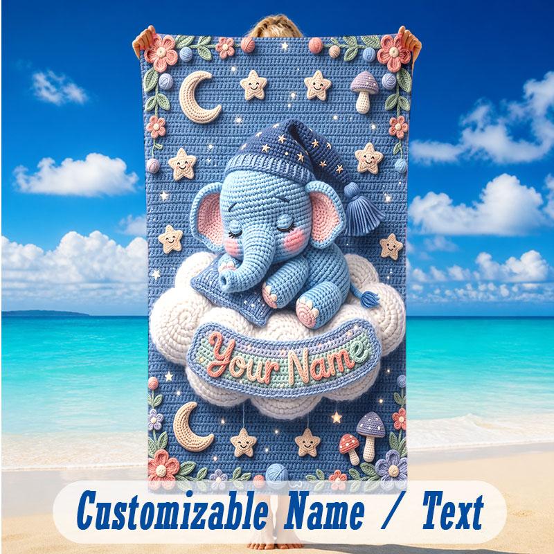 Elephant Theme Beach Towel Personalized Custom Name & Text Soft Quick Dry Beach Towel for Swimming Travel