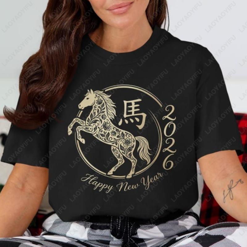 Chinese Happy New Year 2026 Unisex Cotton Tshirts Retro Year of The Horse Graphic Oneck Printed Tops Ropa Mujer Women Clothes