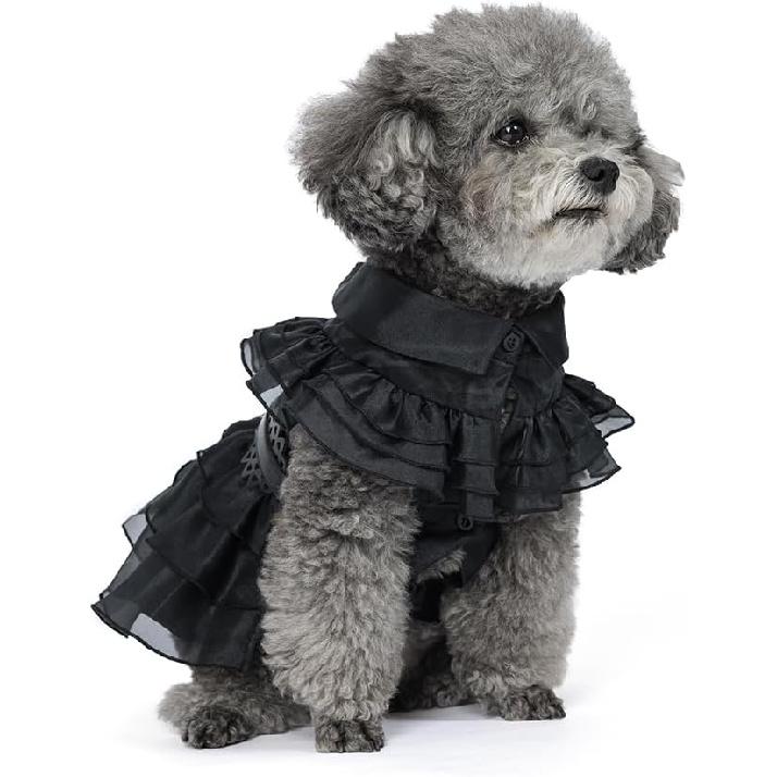Pet Dog Cat Wednesday Dress Addams Costume Cosplay Cute Puppy Kitten Black Coat Clothes with Belt Halloween Party Dress Up Pretend Play for Small