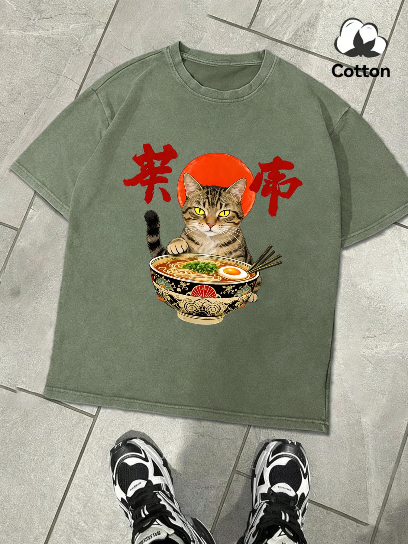 

Cat That Likes To Eat Noodles Printed Washed TShirts Men Cotton Casual T Shirt Summer Clothing ONeck AllMatch Short Sleeve S
